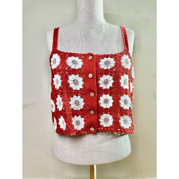 Coco + Jaimeson Women's Crochet Button Front Tank Boho Floral Daisy Size L/XL - Picture 2 of 12